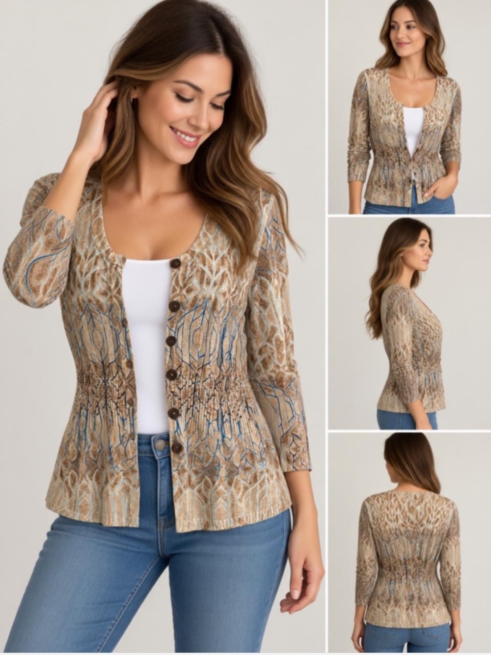 NIC+ZOE Petite Large Geometric Button-Front Knit Cardigan – Cotton Modal – Blue